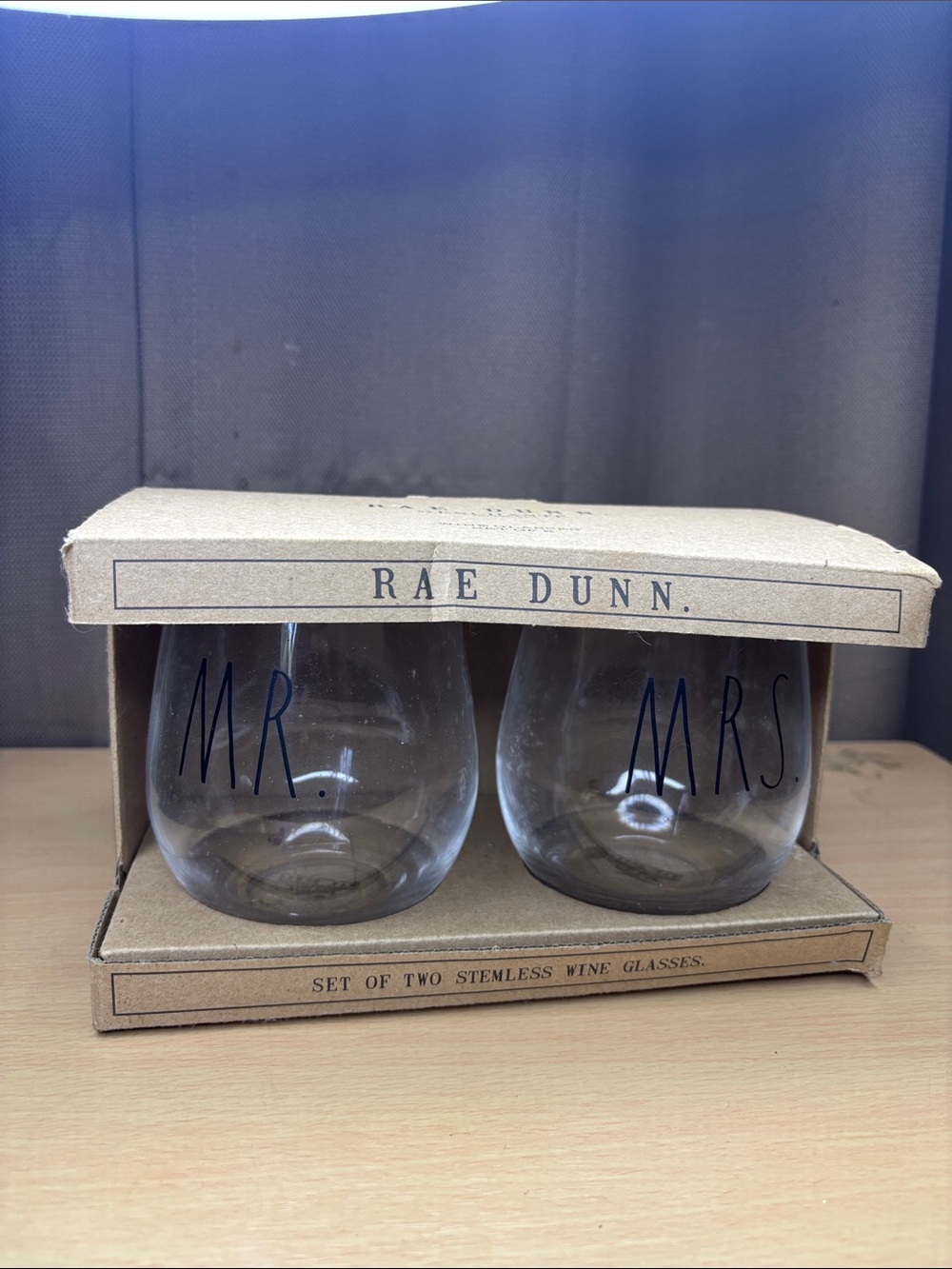 Rae Dunn Clear Stemless Wine Glasses with MR. and MRS. Lettering (Set of 2)